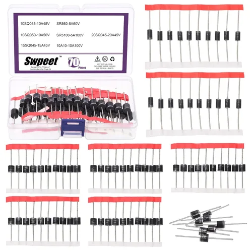 Swpeet Kit de diodos rectificadores Schottky de 70 piezas, incluyendo 10SQ045 10SQ050 15SQ045 SR5100 SR560 10A10 20SQ045 diodos 5A 10A 15A 20A 45V