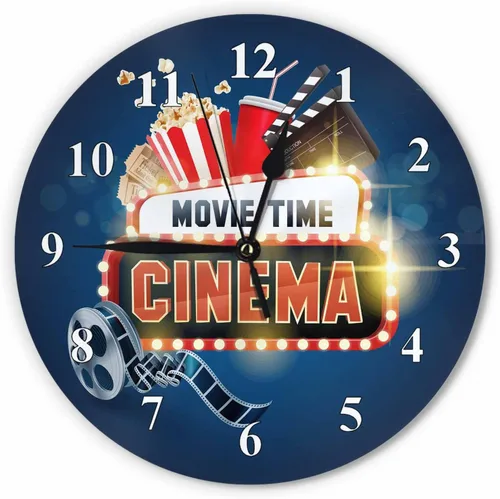 Reloj de pared moderno de película de cine, redondo, de 10 pulgadas, funciona con pilas, tira de película de palomitas de maíz, tablilla, boletos,