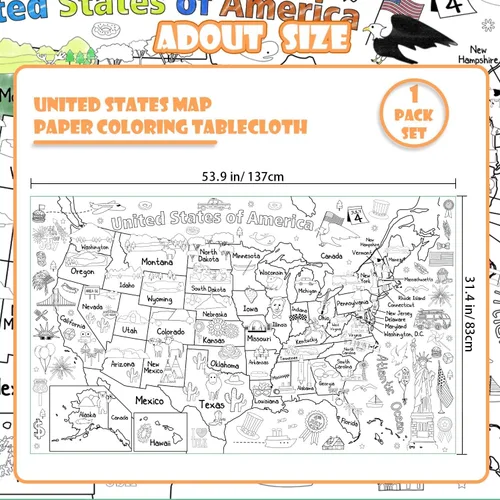 Miniatura 2 de PartyGarden US Map - Póster para colorear para niños, 54 x 33 pulgadas, diseño de mapa gigante de Estados Unidos para colorear, mantel grande