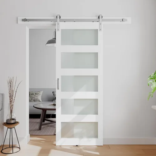Miniatura 12 de Puerta corrediza de granero de vidrio de 5 paneles de 42 x 84 pulgadas con kit de herrajes de 7 pies incluido, fácil montaje con agujeros Blanco