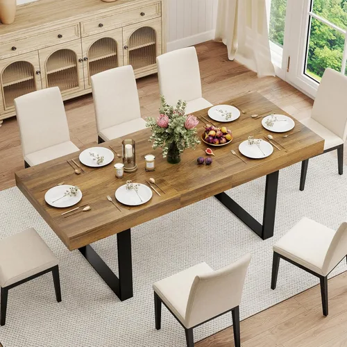 Miniatura 13 de Zevemomo Mesa de Comedor Expandible de 63"-78.7", Mesa de Cocina Estilo Granja para 6-10 Personas, Mesa de Comedor Rectangular Extensible, con Riel