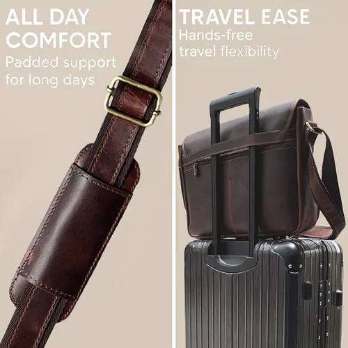 Miniatura 7 de Bolso de mensajero de cuero para hombre, 16 pulgadas, de grano completo, para laptop, vintage, cruzado, oficina, bolso de viaje Marrón oscuro