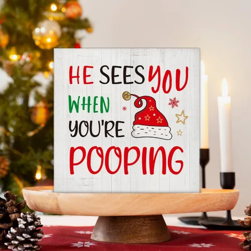 Miniatura 3 de Decoraciones de Baño de Navidad - Decoración Divertida de Navidad, Él Te Ve Cuando Estás Haciendo Popó Letrero de Madera de Baño, Decoración