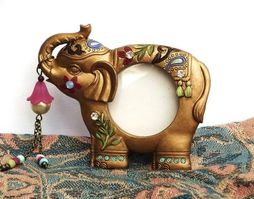 Miniatura 5 de Marco de fotos de elefante indio dorado pequeño con flores pintadas, decoración bohemia bohemia acentos decoraciones