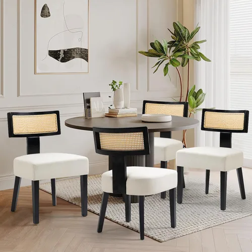 Miniatura 10 de Juego de 4 sillas de comedor, sillas de cocina de tela tapizada en madera, silla acolchada de lino sin brazos con respaldo curvo acentuado