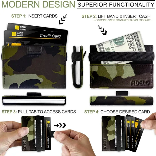 Miniatura 5 de Cartera minimalista para tarjetas de crédito, Fidelo - Cartera delgada para hombre, bloqueo RFID + cuero genuino de grano completo, Borde "Woodland
