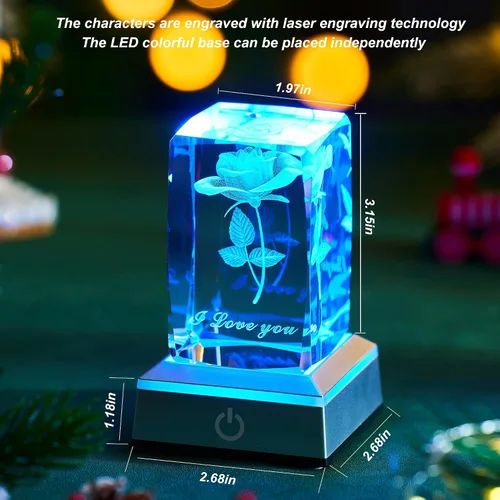 Miniatura 4 de Lámpara Nocturna de Cristal de Rosa 3D con Luces LED Ajustables - Te Amo, Ideas de Regalo para el Día de la Madre, San Valentín, Aniversario, Regalo