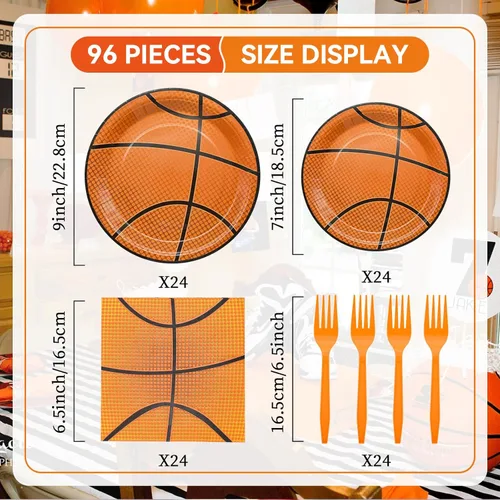 Miniatura 2 de Conjunto de Vajilla Temática de Baloncesto de 96 Piezas - Vajilla Desechable para Fans de Deportes con Platos de Papel, Servilletas, Tenedores