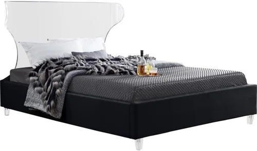 Miniatura 6 de Meridian Furniture Colección Ghost Modern Cama tapizada de terciopelo contemporánea con cabecera y patas acrílicas, tamaño individual, color negro