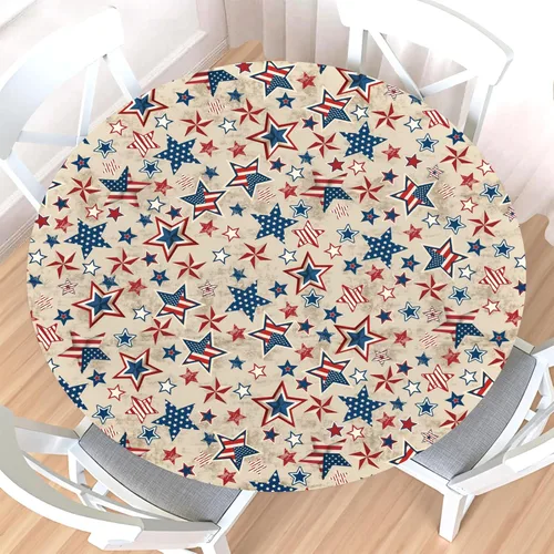 Miniatura 95 de Mantel redondo ajustable para el 4 de julio con borde elástico, impermeable, lavable, azul, rojo, blanco, estrella, patriótica, independencia, Día