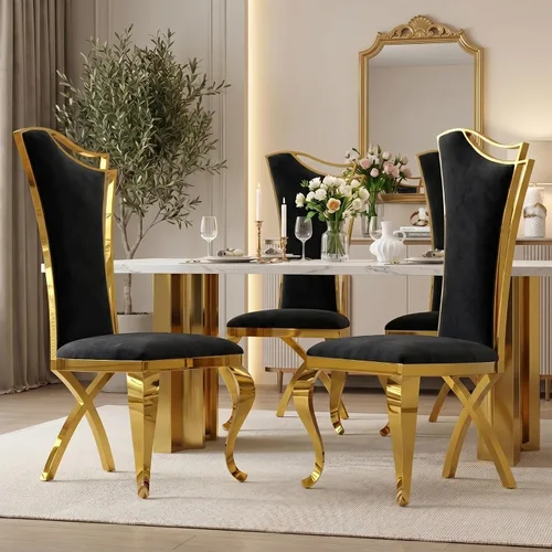 Miniatura 5 de BQueen Sillas de comedor negras y doradas, Sillas de comedor de lujo, Sillas de comedor Velevt con respaldo alto, Patas de acero inoxidable de oro