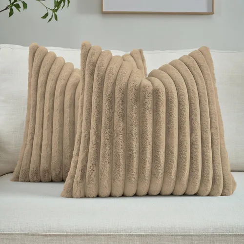 Miniatura 23 de FUTEI - Juego de 2 fundas de almohada decorativas con rayas, cuadradas, para invierno, piel sintética de conejo suave y acogedora y respaldo