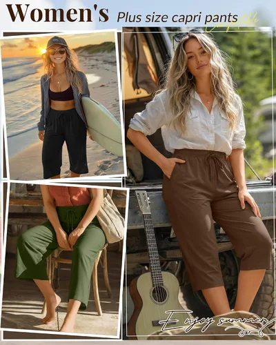Miniatura 4 de Paquete de 3 pantalones capri de talla grande para mujer, ajuste holgado, pierna ancha, pantalones recortados para yoga, descanso, entrenamiento