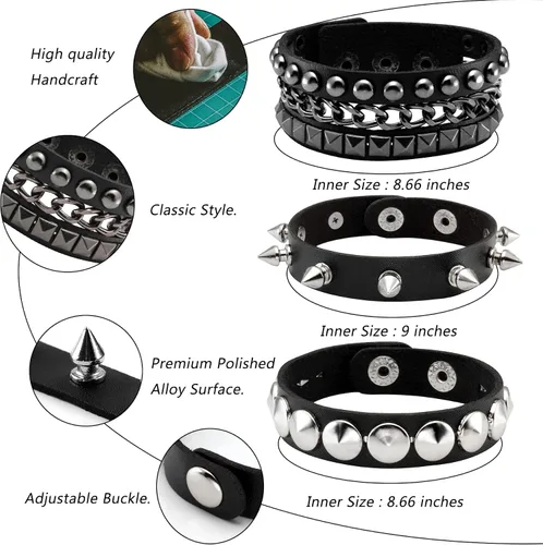 Miniatura 3 de Eigso 3 pulseras punk de cuero para hombres y mujeres de Rock Rivet Wrap Retro Spike pulsera ajustable