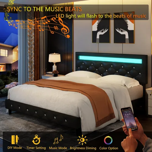 Miniatura 6 de TTVIEW Base de cama Queen con luces LED, marco de cama de plataforma de cuero con cabecera tapizada ajustable, luces LED de control de aplicación