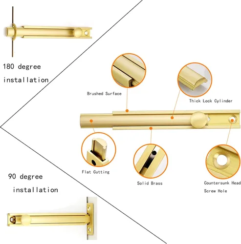 Miniatura 4 de MY MIRONEY Perno de superficie de latón macizo Perno de puerta de superficie deslizante de hardware de 2 pulgadas Cerradura de perno de barril de oro