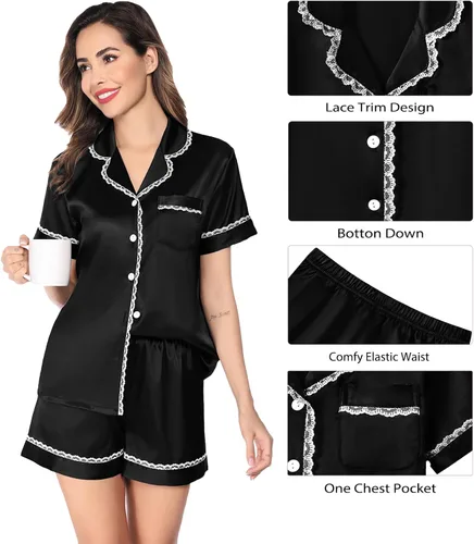 Miniatura 4 de SWOMOG Conjunto de pijama de satén de seda para mujer, ropa de dormir de manga corta, suave, con botones, 2 piezas, pijama de encaje