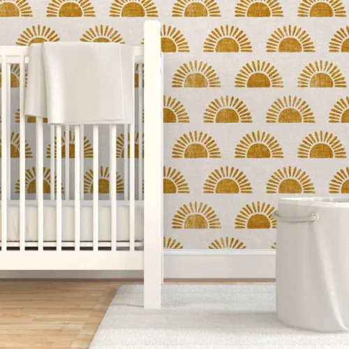 Miniatura 6 de Papel tapiz autoadhesivo para despegar y pegar, estampado de bloques bohemios, sol sol en naranja dorado, papel tapiz extraíble personalizado por