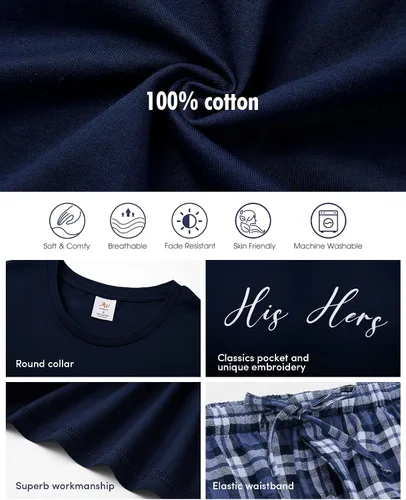 Miniatura 6 de AW BRIDAL Pijamas a juego de 4 piezas para regalos de parejas, conjuntos de pijamas ligeros 100% algodón para mujeres y hombres