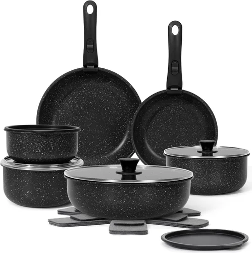 Miniatura 11 de SODAY Juego de 15 ollas y sartenes antiadherentes, juegos de utensilios de cocina con mango desmontable, herramientas de cocina antiadherentes