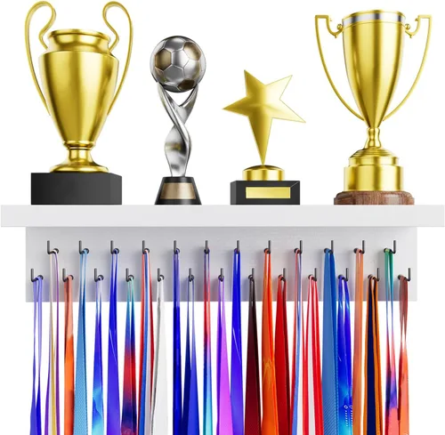 Miniatura 9 de Soporte para Medallas y Organizador de Estante para Trofeos, Soporte Robusto de Madera para Premios de Carreras con 25 Ganchos de Acero, Soporte