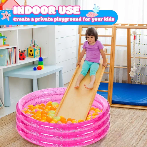 Miniatura 4 de Arrowbash Paquete de 2 piscinas inflables rosas, diseño redondo de 3 anillos de 47 pulgadas con purpurina plateada y parte inferior acolchada, fácil