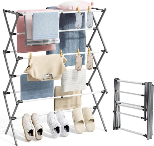 APEXCHASER 3-Tier Foldable Clothes Drying Rack, Metal Expandable Laundry Rack, 45.28" Height, Adjustable Width 24.76-35.51", Space Saving, Indoor