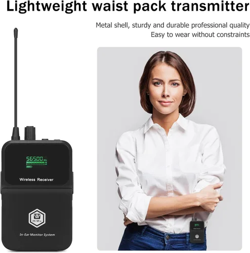 Miniatura 4 de W IN-MIX EM100 UHF Sistema de monitor intrauditivo inalámbrico 1 Bodypacks Sistema IEM mono, tecnología PLL, rango de 300 pies, latencia ultrabaja