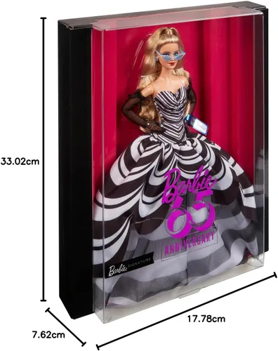 Miniatura 8 de Barbie Muñeca exclusiva, 65 aniversario coleccionable con cabello rubio, vestido blanco y negro, aretes de gemas de zafiro y gafas de sol