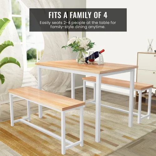 Miniatura 7 de Recaceik Juego de mesa de comedor de 47 pulgadas para 4, mesa de cocina de 3 piezas con 2 bancos, juego de mesa y sillas de cocina de madera, juego