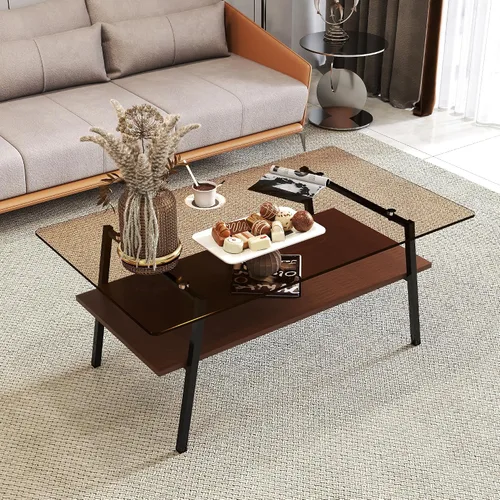 Miniatura 4 de Mesa de centro de cristal para sala de estar, mesa de centro de 2 niveles de mediados de siglo, mesa central con parte superior de vidrio templado