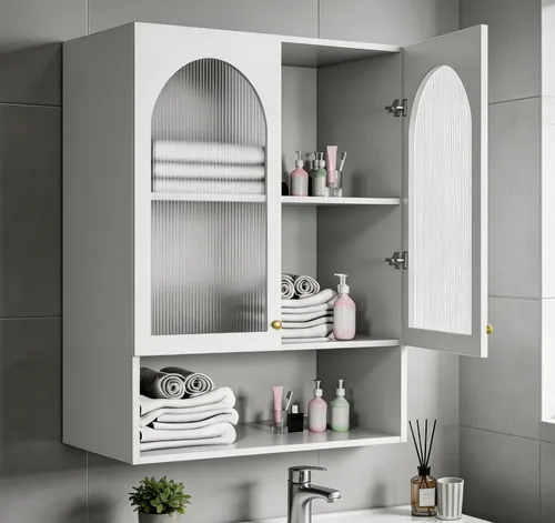 Miniatura 8 de Armario de pared para baño sobre el inodoro, soporte de pared arqueado, botiquín de baño con 2 puertas acrílicas, estante de almacenamiento abierto
