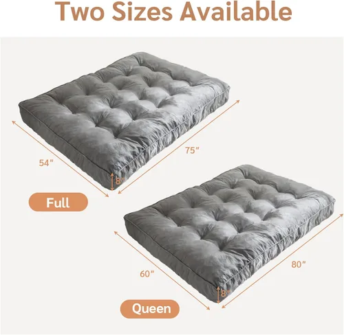 Miniatura 2 de YOSHOOT Colchón de Futón de 8 Pulgadas Tamaño Full, Sofás Cama de Futones Gruesos, Colchón de Piso para Adultos, Relleno de Espuma Triturada, Gris