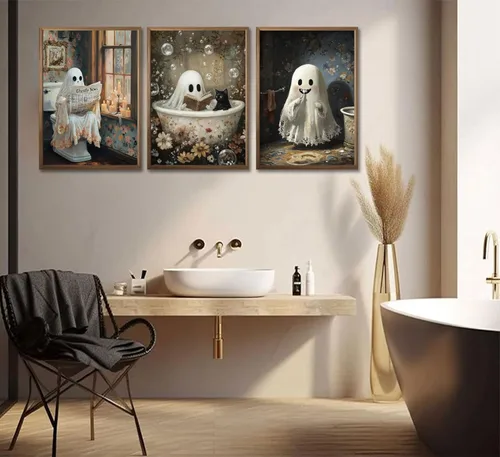 Miniatura 5 de 3 pósteres de fantasmas de Halloween, arte de pared, fantasmas de terror y gato negro en el baño, decoración de pared, imágenes góticas oscuras