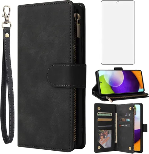 Asuwish Compatible con Samsung Galaxy A52 5G/4G - Funda tipo cartera de vidrio templado, protector de pantalla y tarjetero de cuero, funda para