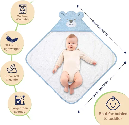 Miniatura 5 de Mother's Choice - Toallas de bebé 100% algodón orgánico con diseño de oso azul, certificado Oeko-TEX, hipoalergénicas, ultra absorbentes, toalla