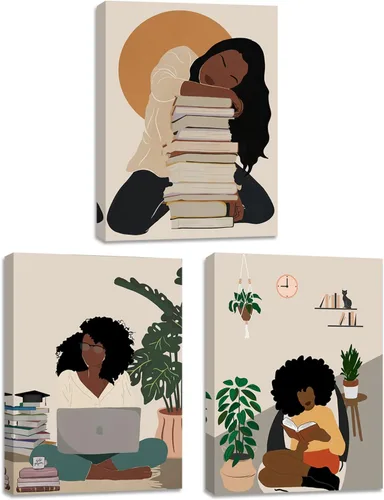 Arte de pared bohemio afroamericano, decoración de pared de mujer negra, impresión en lienzo de niña negra, arte de lectura para mujer, decoración