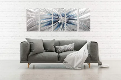 Miniatura 3 de RICHSPACE ARTS Arte moderno de pared de metal grande flor azul y plata escultura decoración con textura 3D juego de 5 piezas Azul y plateado