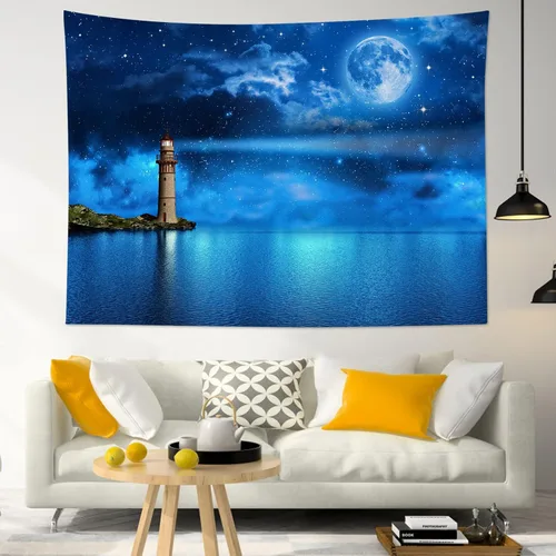 HVEST Tapiz de luna y cielo nocturno para colgar en la pared, luna llena y galaxia estrellada con faro sobre el océano, tapiz colgante de pared de