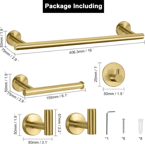 Miniatura 4 de NearMoon Juego de accesorios de baño SUS 304 de acero inoxidable grueso, incluye toallero de 16 pulgadas, soporte para papel higiénico, ganchos Oro