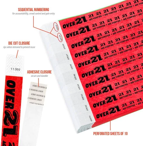 Miniatura 2 de 500 pulseras Tyvek rojo neón WristCo Over 21 para eventos, ¾" x 10", impermeables, reciclables, cómodas, resistentes a desgarros, pulseras de papel