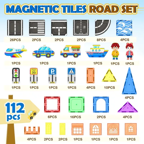 Miniatura 2 de Juego de 112 piezas de azulejos magnéticos para carretera con colores vibrantes y fuerza ultra magnética, bloques de construcción de carreteras