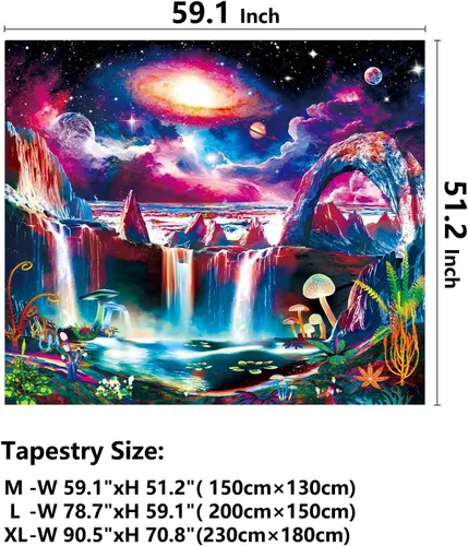 Miniatura 5 de Tapiz de luz negra, galaxia y planeta, tapiz reactivo a los rayos UV, tapiz de cascada de montaña para dormitorio, estético, ola misteriosa, lago