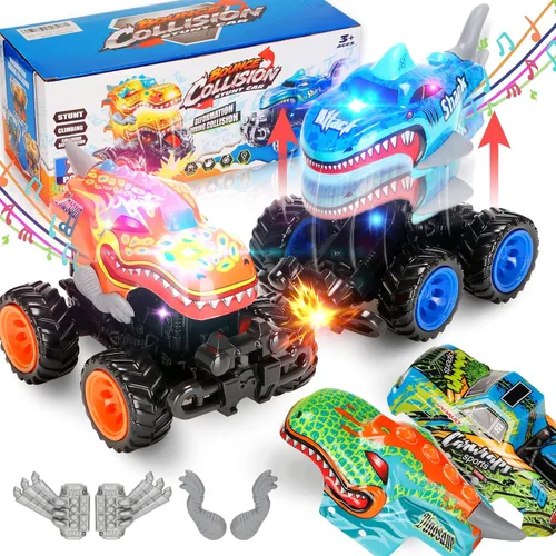 Paquete de 2 camiones monstruos explosivos para niños de 4 a 7 años, dinosaurios y tiburones, autos de juguete con música, regalos de cumpleaños