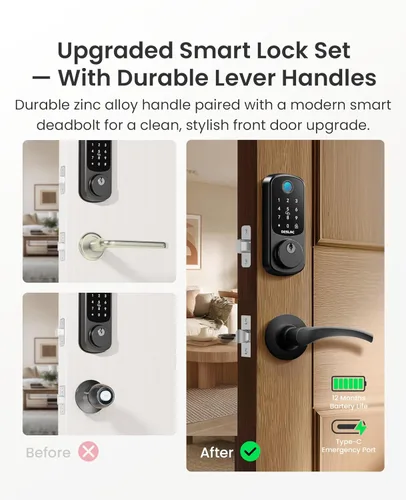 Miniatura 2 de DESLOC Cerradura inteligente de huellas dactilares B200 con 2 manijas de palanca, juego de cerradura de puerta delantera sin llave, cerrojo