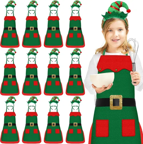 Toulite Juego de 24 piezas de delantal de elfo de Navidad y diadema para niños, delantales de elfo con gorro para niños, suministros de cosplay