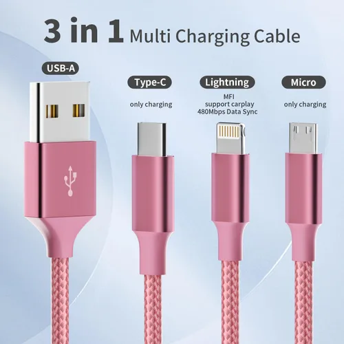 Miniatura 2 de Cable de carga múltiple, (paquete de 2 cables de 4 pies), cable de carga 3 en 1 para múltiples dispositivos, cable de carga universal de nailon Rosa