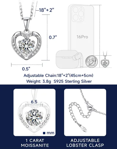 Miniatura 7 de MomentWish Collar de corazón para mujer, moissanita, diamante de imitación, plata de ley 925