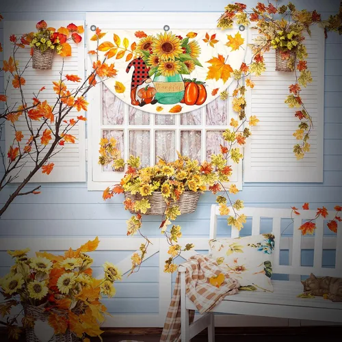 Miniatura 5 de Cumule Paquete de 4 banderas de ventilador de Hello Fall con parche de calabaza, banderines de bienvenida, otoño, cosecha, medio abanico, bandera