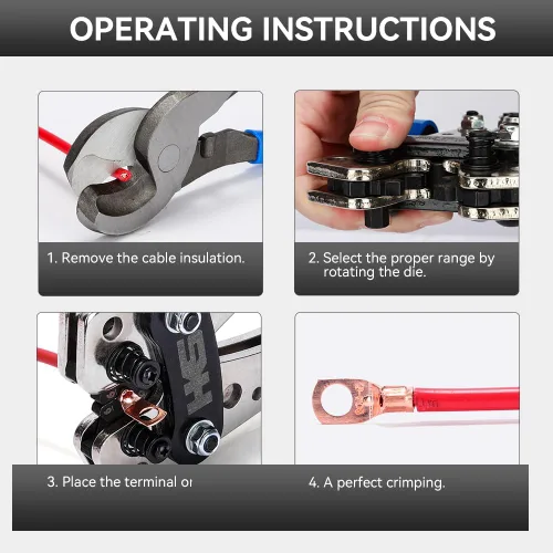 Miniatura 3 de HKS Herramienta de prensado de terminales de cable de batería 10-1 AWG - Engarzadora de cable resistente para terminales de anillo Terminales